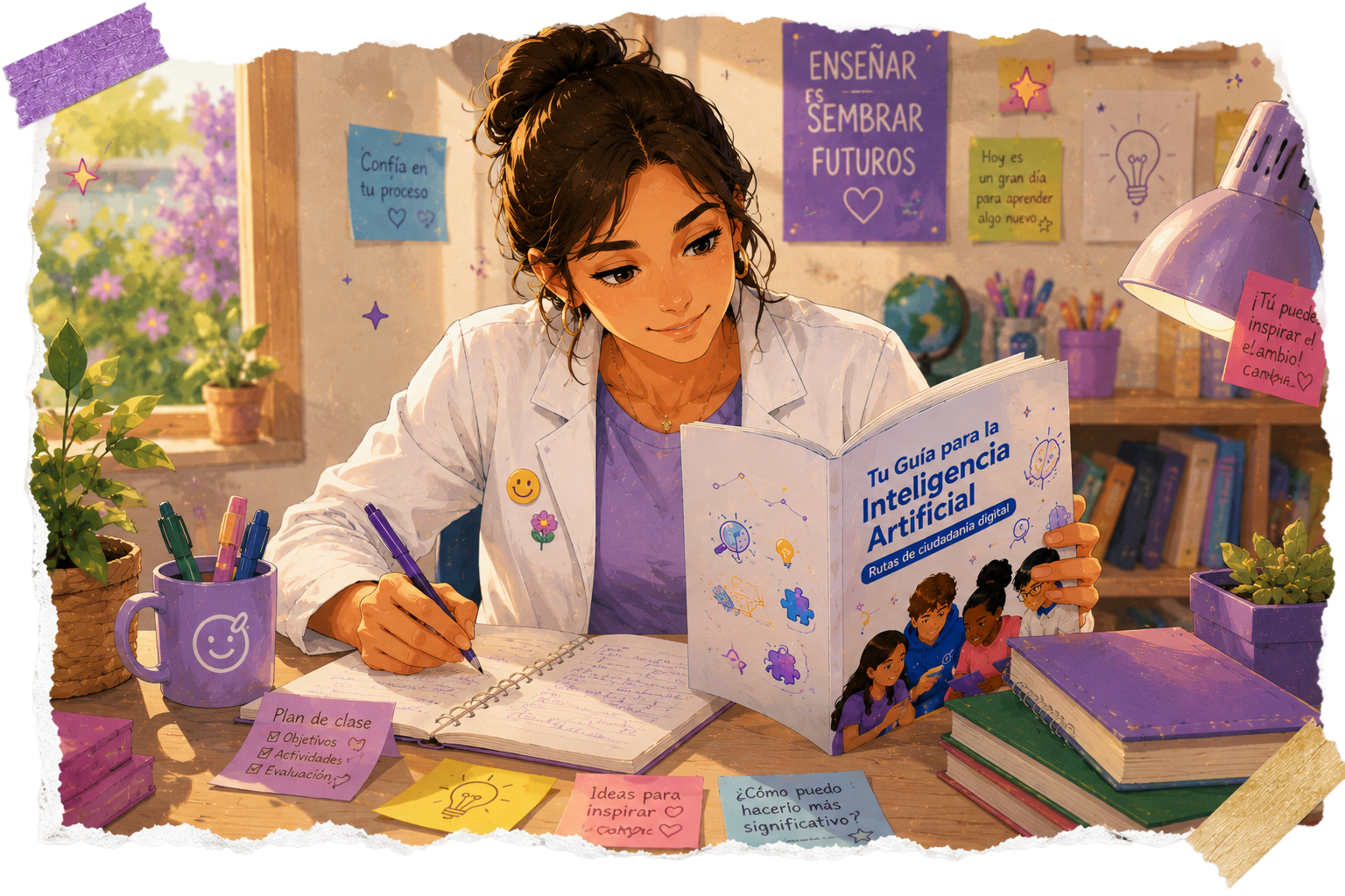 Docente preparando actividades con apoyo de Inteligencia Artificial en el aula.