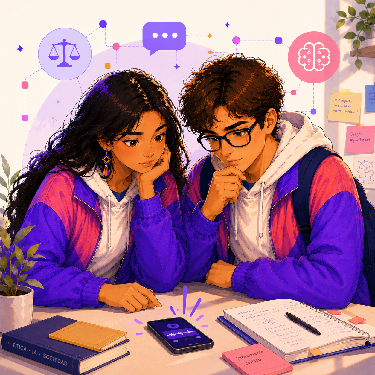 Estudiantes reflexionando sobre el impacto ético de la Inteligencia Artificial.
