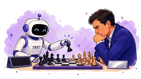 Robot que representa a Deep Blue mueve una pieza de ajedrez frente a Garry Kasparov durante una partida en 1997.