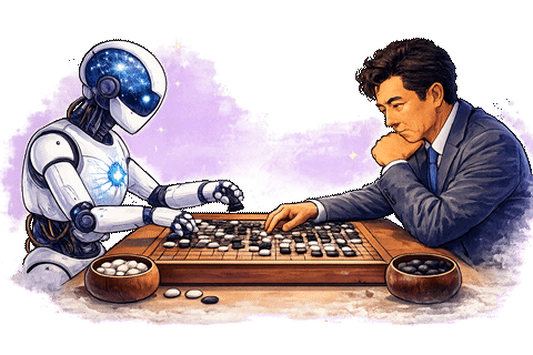 Robot y jugador profesional enfrentados en una partida de Go.