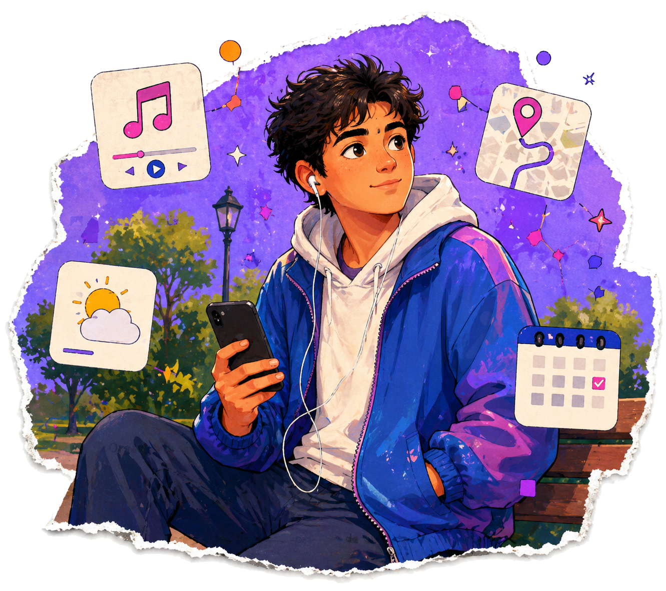Ilustración de una rutina diaria asistida por IA con música, clima, ruta y organización.