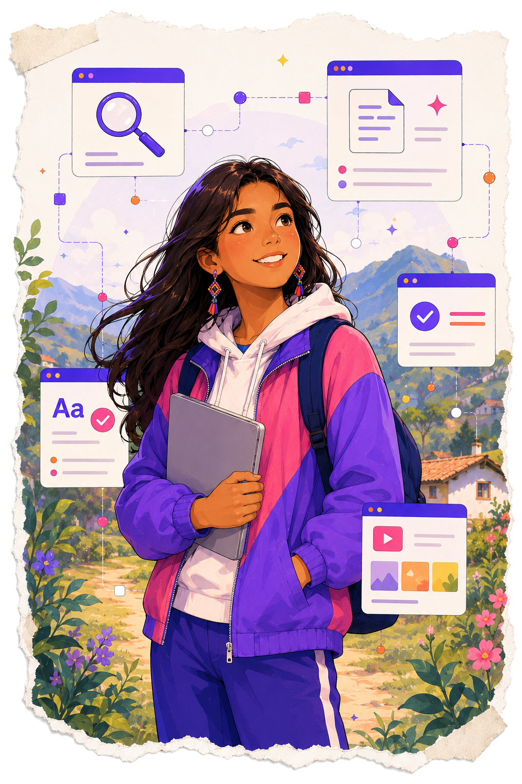 Ilustración sobre oportunidades de aprendizaje con IA en búsqueda, escritura y personalización.