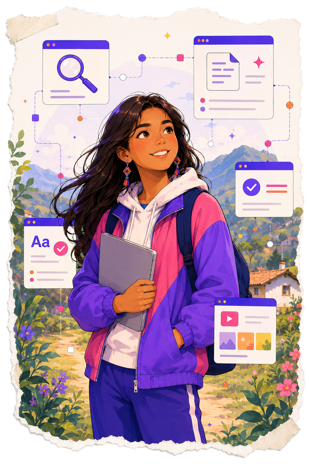 Ilustración sobre oportunidades de aprendizaje con IA en búsqueda, escritura y personalización.